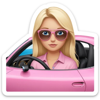 Blonde girl with blue eyes sitting infront of a pink porsche taycan sticker