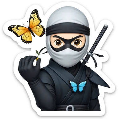 Crea una imagen con estos dos emoji 🥷🏻🦋
él ninja de piel blanca con la mariposa posada en el hombro como si estuviera volando. sticker