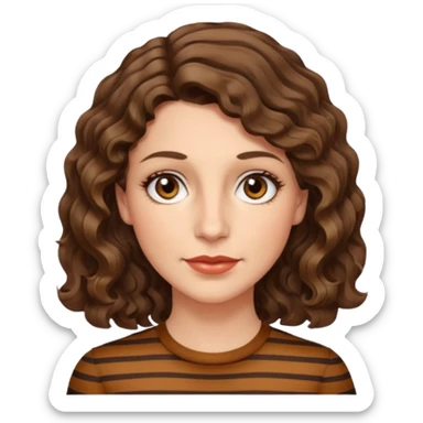 caucasian woman, 40s, chin-length wavy/curly/unruly brown-ish, few white stripes hair, hazel eyes sticker