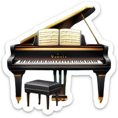 Icon for 50s American Musical Theater: a retro stage with a grand piano, vintage musical notes, neon lights, theatrical curtains, and a microphone. The design should evoke the vibrant, classic atmosphere of a 1950s musical. Transparent background. sticker