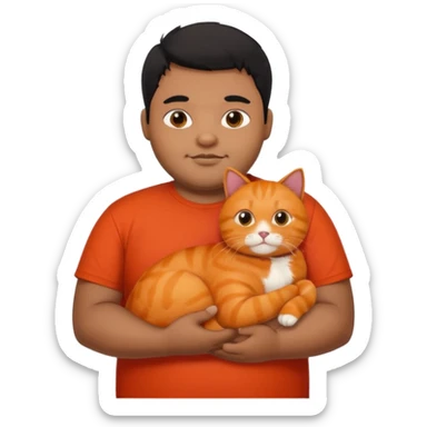 Indian black chubby guy with black hair in red t-shit with orange cat sticker