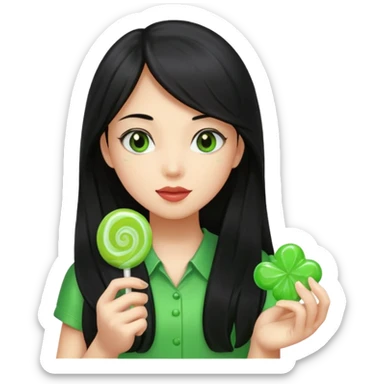 A girl with long black hair holding a piece of green hard candy in one hand and a green candy wrapper showing a guava on it in the other hand sticker