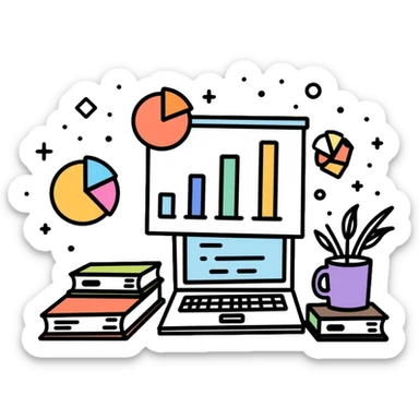 academic research with books, laptop and data charts sticker
