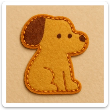 Minimal felt appliqué dog icon, low-detail, smooth rounded edges, moderate contrast orange stitched border, soft matte felt texture, warm brown and yellow palette, small dot eyes, no mouth, flat angle, soft beige background sticker