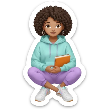 Black girl, clean girl aesthetic, 4C curly hair in a puff, pastel hoodie, white sneakers, minimal jewelry, soft smile, cozy vibe, bright colors, Apple-style she is studying  sticker