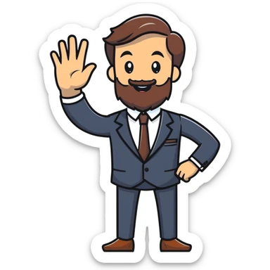 cheerful bearded businessman in suit waving hello sticker