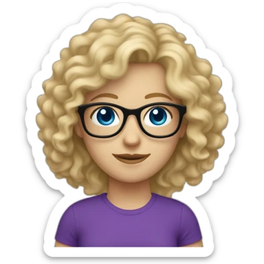caucasian curly blonde long haired blue eyed woman with purple t-shirt and black glasses sticker