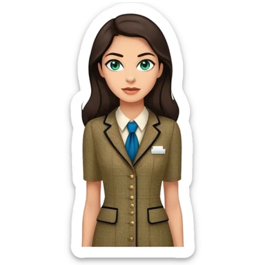 a 30 year old female venture capitalist with 50% greek and 50% american genes, 6 ft tall, long dark brown hair and blue/green eyes, wearing a chanel tweed professional dress, tan skin (make teh eyes a little less bright) sticker