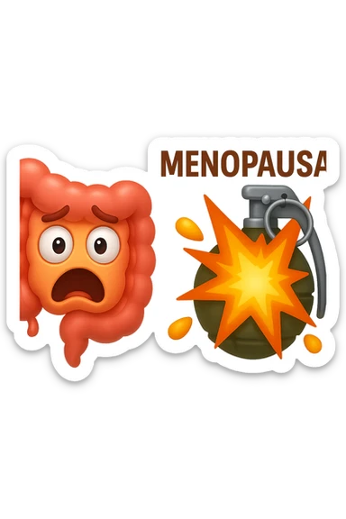 EMOJI STILE IPHONE 3D DI INTESTINO 3D CON ESPRESSIONE SPAVENTATA IN VOLTO MENTRE ACCANTO A LUI SCOPPIA UNA GRANATA 3D CON LA SCRITTA "MENOPAUSA" SOPRA, FAGLI ANCHE LA PARTE BIANCA DEGLI OCCHI, NON SOLO LA PUPILLA sticker