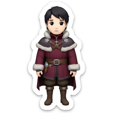 Medieval winter outfit worn by a DnD themed fantasy male character. Heavy maroon wool tunic with rabbit fur trim, featuring a high collar with silver clasps, belted with a sturdy leather strap. Clothes only above the waist, full waist coverage. The character has no arms. Character is white-skinned with raven black hair, deep brown eyes, and short messy hair dusted with snowflakes. sticker