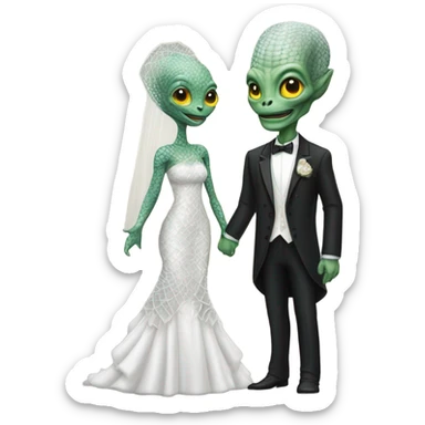 Alien reprilian woman in wedding dress, and one humman man in a tuxedo holding hands getting married sticker