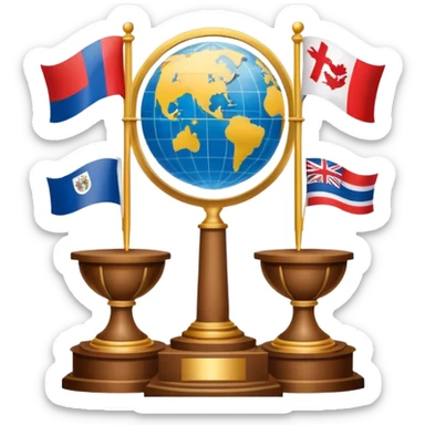 icon featuring podium with a speaker, national flags, and voting ballots, symbolizing political science. The design includes a globe and scales of justice in the background, representing governance, global affairs, and political theory. Transparent background emphasizes civic engagement and policy. sticker