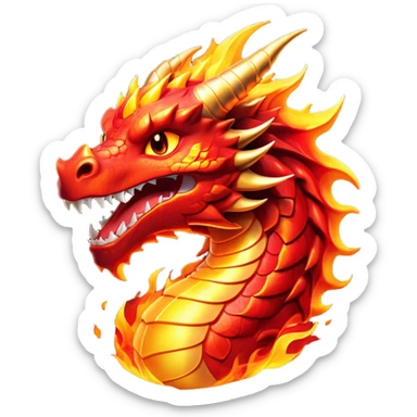Cinematic Comical Fierce Fire Dragon Portrait Emoji, Head tilted dramatically with an exaggeratedly amused expression, featuring a striking, flame-draped body with bold, blazing scales in intense red and molten gold, and eyes twinkling with fiery mischief; rendered with vivid, lifelike textures and dynamic, flickering shadows, high shine, dramatic yet playful, styled with an air of cheeky volcanic mischief, soft glowing outline, capturing the essence of a spirited and over‐the‐top inferno that looks ready to burst into a cascade of playful embers! sticker