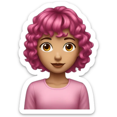 A young girl with dark pink medium length wavy hair and a fringe sticker