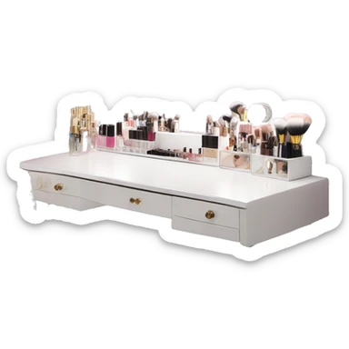 white makeup vanity with glass top and a hollywood style makeup mirror with bulbs around it. skincare and perfume on the desk neatly with white chair  sticker