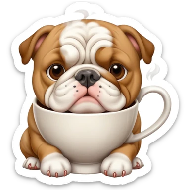 English bulldog next to a steaming coffee cup sticker