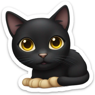 Black female cat, missing tip of left ears, yellow round eyes and cute sticker