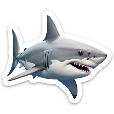 Cinematic Noble Great White Shark Portrait Emoji, Poised and regal, with a robust, torpedo-shaped body, a pointed snout, a gleaming white underbelly contrasting with a slate gray dorsal surface, and piercing, intense eyes scanning deep blue waters, Simplified yet sharp and sophisticated features, highly detailed, glowing with a cool, oceanic luminescence, high shine, intelligent and commanding, stylized with an air of marine authority, focused and vigilant, soft glowing outline, capturing the essence of a watchful and confident predator that appears ready to surge out of the screen with effortless power! sticker