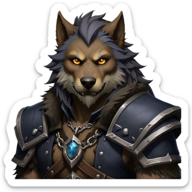 Cinematic Realistic WoW Worgen Portrait, depicted as a fearsome blend of man and beast, with rugged, dark fur intermingling with tanned, weathered skin. His piercing amber eyes and fierce expression are framed by disheveled hair and subtly detailed, worn leather attire in dark, consistent hues. Rendered with lifelike texture and dramatic, natural lighting, high shine, noble and formidable, capturing the primal nobility of a legendary worgen warrior. sticker