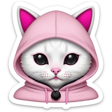 White cat with a black hood with black ear covers with a pink pompom on each ear and a pink skull on the front of the hood sticker
