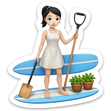 Princess who wearing white dress (woman) black ponytail hair holding her cellphone and  one garden shovel with another hand. She is standing on her feet, there is one blue surfing board under her feet. She is looking at her phone sticker