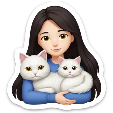 a girl with long dark hair and a white fluffy cat lying on her left shoulder and neck, emoji style, suitable for Discord and Slack sharing sticker