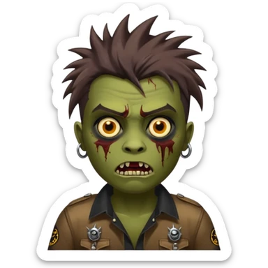Um garoto zombie de cabelo castanho escuro, com o cabelo chegando no pescoço, punk, com olhos castanhos esverdeados, de camisa branca sticker