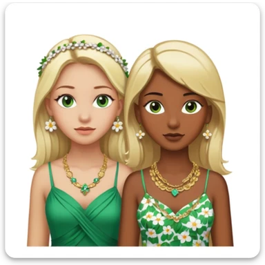 There will be two young women. One with dark brown skin, brown eyes, blonde hair, wearing a lot of necklaces and earrings. The other woman with green eyes, white skin, blonde hair, wearing a necklace and earrings, both wearing flowery dresses. sticker