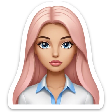 Glamours, tanned, very beautiful girl, with big pump peach-beige-rose lips, long long lashes, black straight smooth silky long hair, straight parting hair, blue-grey eyes, in white shirt, no additional things just white bckground sticker