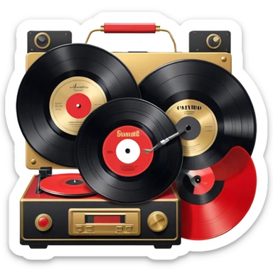 Icon for Vinyl Record Collecting: large black, golden and red vinyl records in decorative packaging featuring artist images, neatly arranged on a wall or shelf, modern vinyl record player. The icon should reflect the aesthetic and artistic aspect of collecting vinyl records. Transparent background. sticker