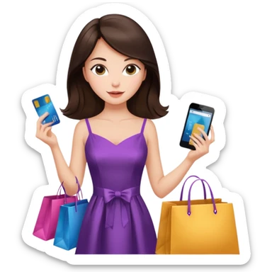 Glam brunette girl calmly choosing one premium shopping bag, giving a small approving nod — quality over quantity sticker