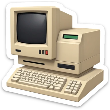 Vintage desktop computer from the 80s, bulky beige monitor with floppy disk drive, separate keyboard, nostalgic tech aesthetic sticker