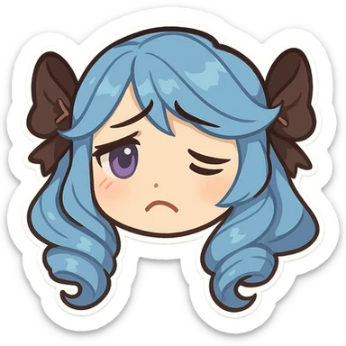 Gwen from League of Legends, chibi style, only head, borderless, right eye purple, both eyes same size, sad emote 3 sticker