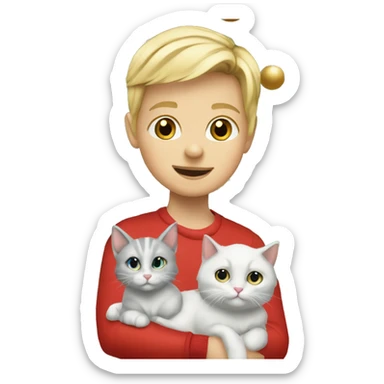 Blond kid with two white and grey Sibirien cats under a Christmas tree sticker