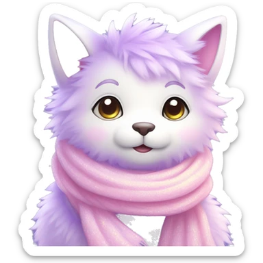 Kawaii cute gorgeous colorful sparkly bright light pastel lilac-pink-white-gradient fantasy ethereal fluffy fursona animal creature with a cute scarf sticker
