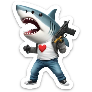 shark with a gun and a shirt with an white f sticker