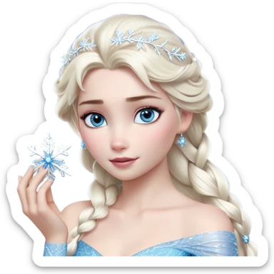 Cinematic Realistic Elsa Portrait, depicted with lifelike skin texture, soft natural lighting, and intricately detailed platinum blonde hair styled elegantly. Her striking, expressive blue eyes exude confidence and grace, complemented by a serene and regal expression. She holds a shimmering snowflake delicately in one hand, her other hand resting against her gown, embodying the power and beauty of winter. She is dressed in her signature icy attire, with shimmering fabric textures and delicate folds that catch the light beautifully. The portrait features a soft, enchanting glow with a cool, radiant finish, capturing the essence of timeless elegance in a realistic and painterly style. sticker