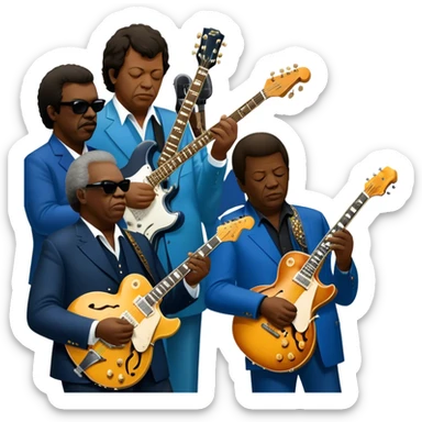 Icon for Blues Music: close-up collage of legendary blues artists. Gary Moore, Eric Clapton, B.B. King and Joe Cocker. Represented by silhouettes or symbolic items like guitars, microphones, or music notes, reflecting the soulful energy of blues music. Transparent background. sticker