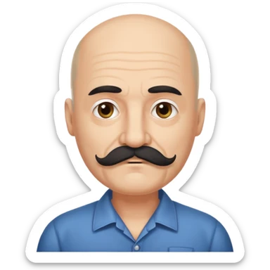 61 years old. Bald with dark hair on the sides. black thick moustache. White beard. saying sorry sticker