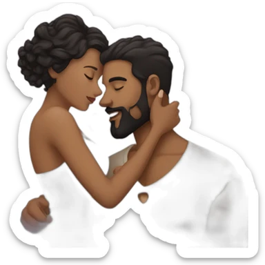 Brown man with a smooth black hair cut fade and a black beard kissing a White woman with long brown curly hair sticker