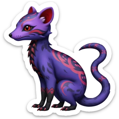 Rare warm-colored exotic gloomy tropical edgy cute epic aesthetic spooky indigo violet purple black red gothic colorful Salandit-Civet-species-Fakemon-hybrid-creature, with tribal tattoo markings, full body sticker