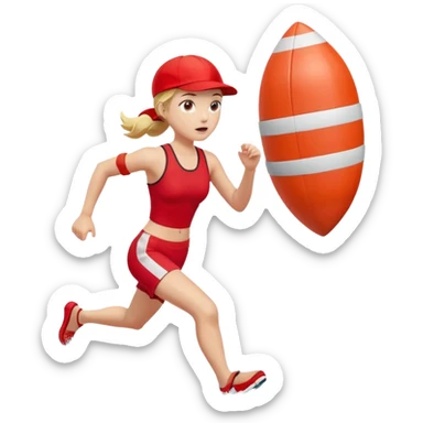 Female lifeguard – red cap, running along shore with rescue buoy sticker