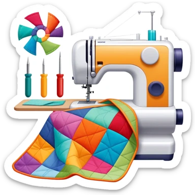Patchwork and quilting icon, colorful fabric patches sewn together in a quilt pattern, sewing needle and thread, quilting tools like rotary cutter and quilting hoop, minimalistic style, clean lines, transparent background. sticker
