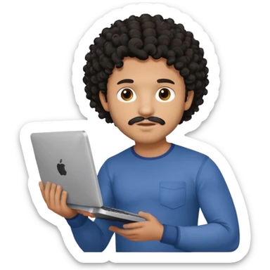 men holding his computer in hands. light brown skin men with curly black hair, dark brown eyes, little grown beard. ust a tiny bit muscular. dressed casual. round face. sticker