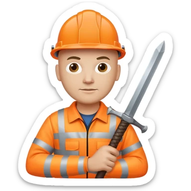 Bald Telecoms engineer in orange hi vis and hard hat with sword and shield sticker
