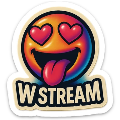 mouth open with tongue out heart shaped eye add the words “ W Stream " in White sticker