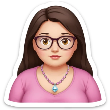  woman, long dark brown hair, very fair skin,hazel eyes, glasses, very chubby, pink shirt, diamond necklace sticker