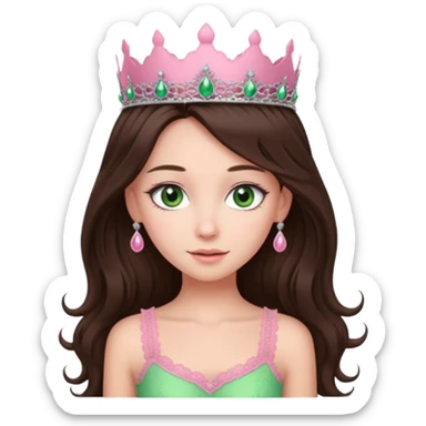 super long haired brunette with middle part cute pink lacy tank with a pink tiara on head, white but with a little bit of tan green eyes  sticker