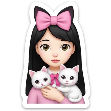 A gurl black hair with pink bow holding one white cat sticker