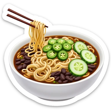 Beijing Zhajiang noodles with dark bean sauce and cucumber toppings, simplified emoji style with bold outlines and bright colors, cartoon style northern Chinese noodle dish sticker